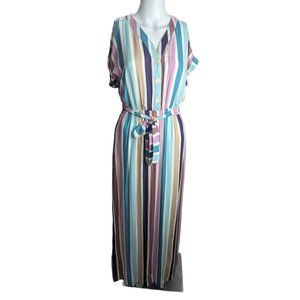 Orange Creek Pastel Color Striped Buttoned Front tie waist maxi dress lined sz S